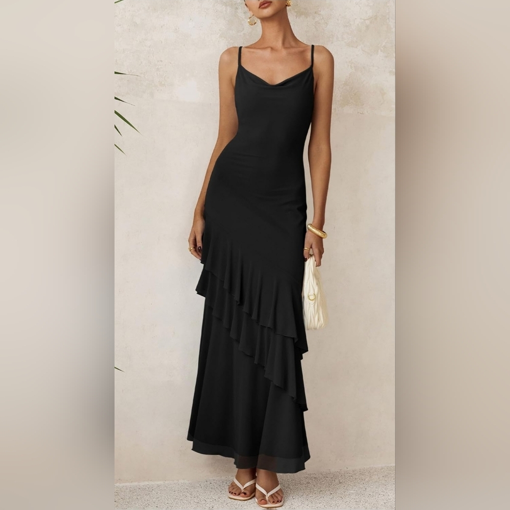Black Hi-Low Maxi Sundress Spaghetti Strap Tiered Summer Wedding Long Dress Xl